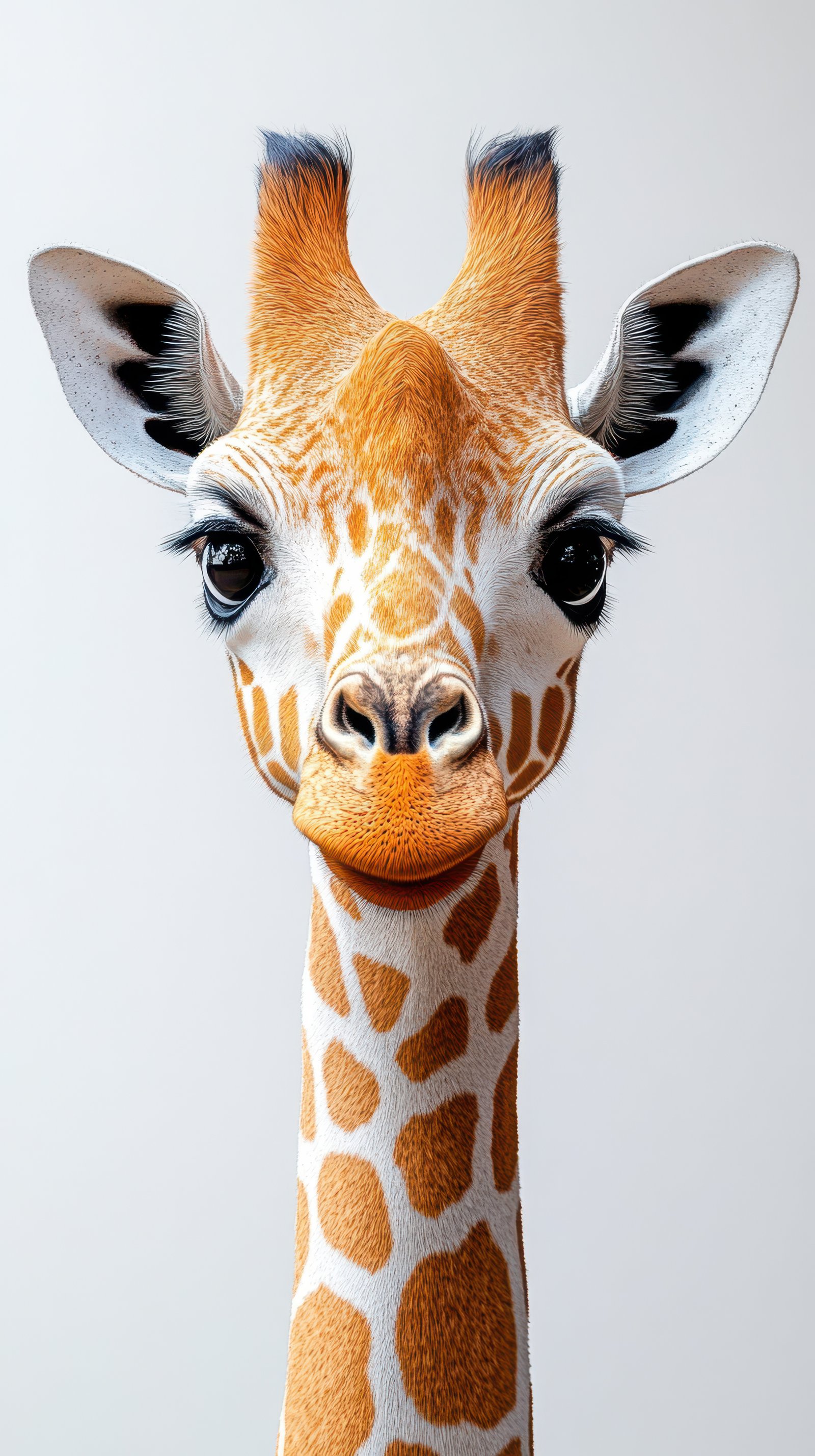 Giraffe portrait showcasing elegant features and distinctive markings in a studio setting